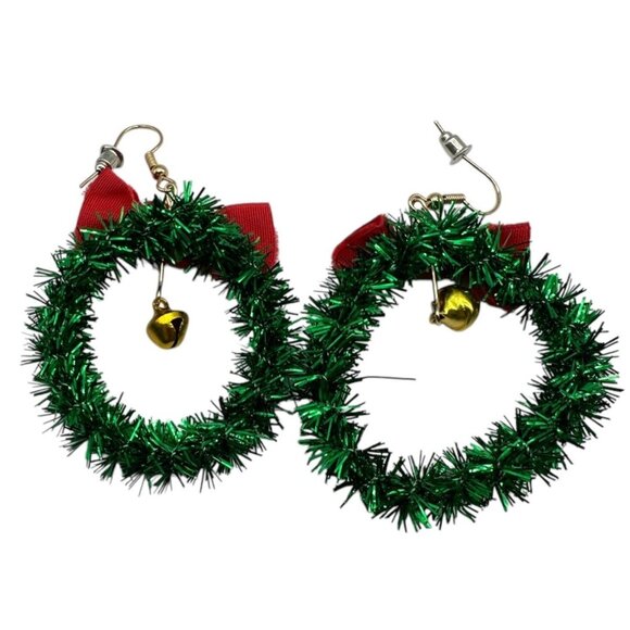 Festive Christmas Wreath Earrings Red Velvet Bows Holiday Jewelry For Women - Picture 4 of 6